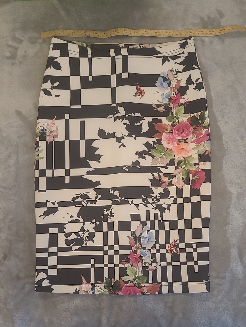 Floral Black & White Geometric Pencil Skirt
